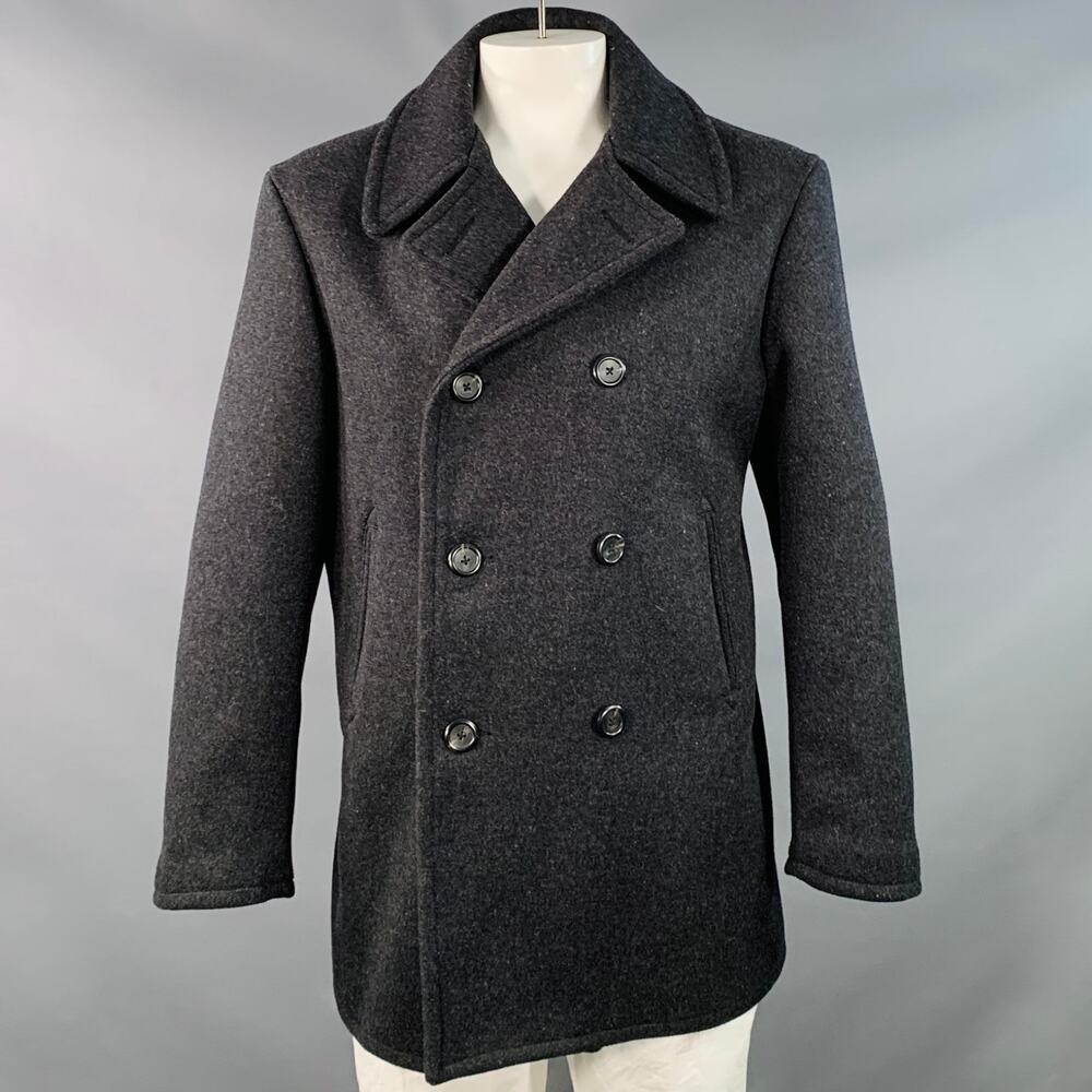 Melton Size L Charcoal Grey Wool Double Breasted Notch Lapel Peacoat